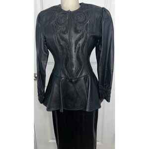 90s Black Leather Jacket Fitted Peplum Beaded Embellished Suede Sz M & Skirt Vtg